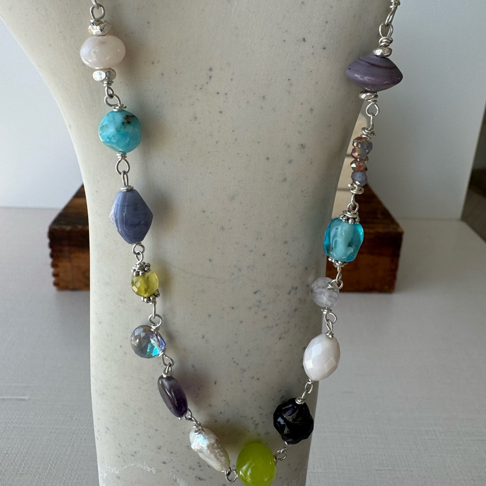 Multi Color And Shape Gemstone And Silver Necklace - image 5